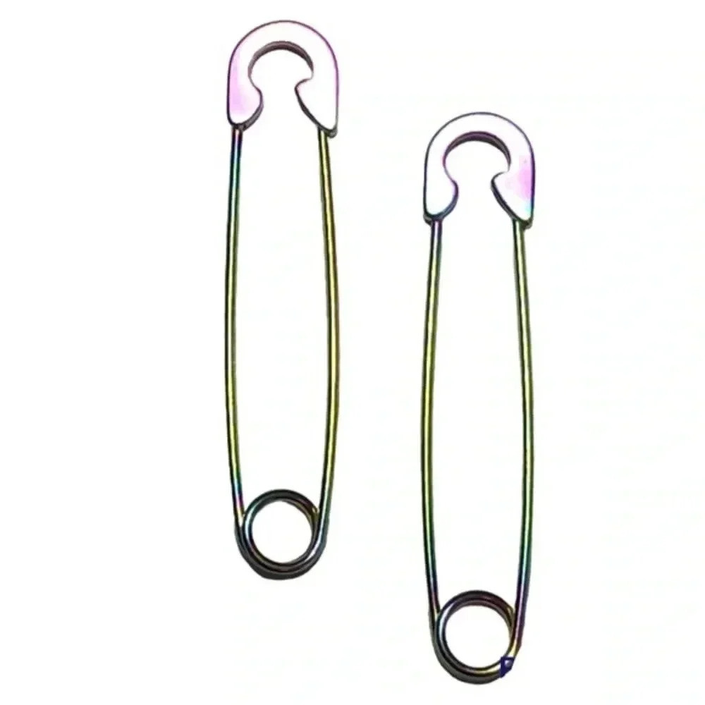 Rainbow Oil Slick Stainless Steel Safety Pin Punk Goth Alt Metal Edgy Earrings
